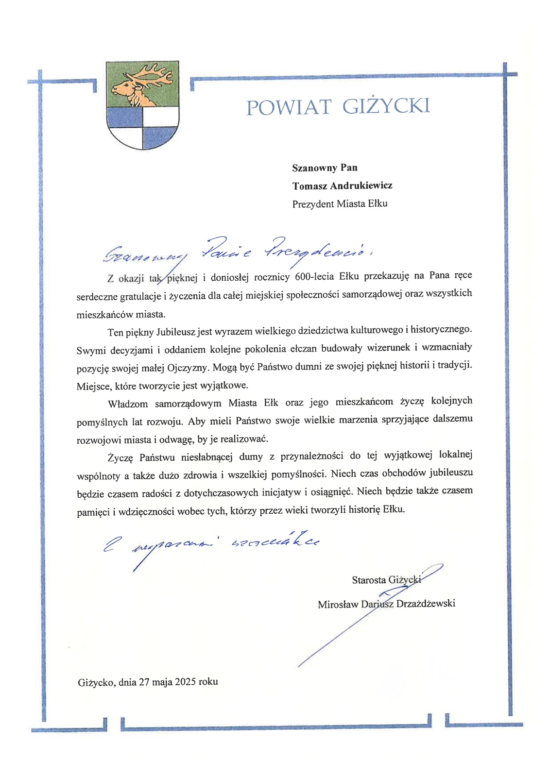 Życzenia i gratulacje z okazji jubileuszu Ełku [LISTY]
