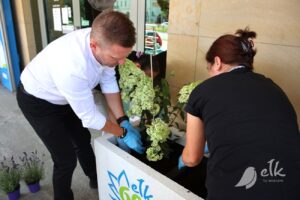 Eko-Donice przed Ełckim Centrum Kultury, prezydent Ełku z uczestnikami Centrum Integracji Społecznej, sadzenie kwiatów